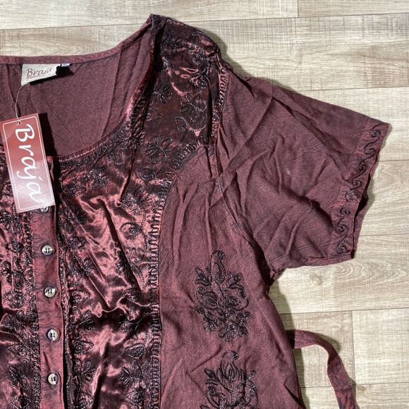 Braja Exclusives Womens 3L Red Black Artsy Embroidered Rayon Shirt Top - Picture 2 of 8